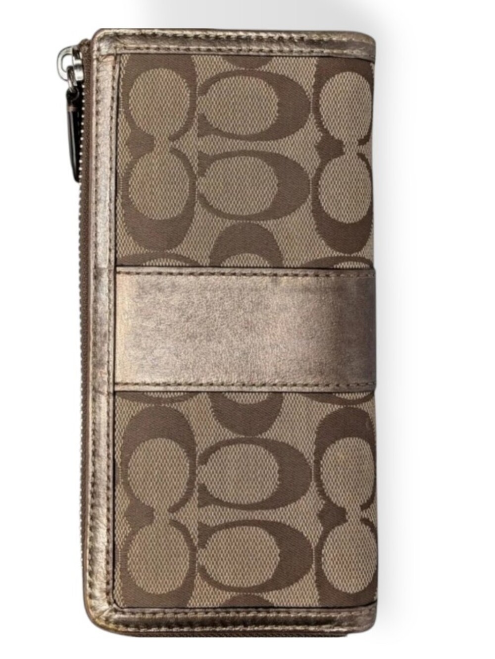 Coach Wallet Signature Monogram Bronze Tan Metallic Stripe Canvas & Leather Zip - Picture 3 of 11
